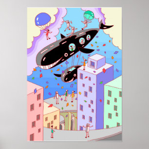 Stadt, in der das Wal-Luftschiff unterwegs ist. Poster