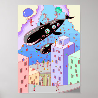 Stadt, in der das Wal-Luftschiff unterwegs ist. Poster