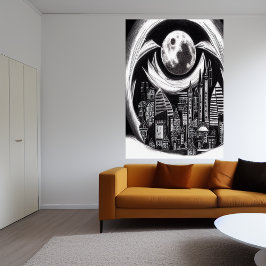Stadt in der Nacht, Mond am Himmel | AI Art Poster