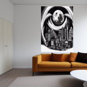 Stadt in der Nacht, Mond am Himmel AI Art Poster