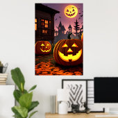 Stadt, Kürbis und Kürbismond | AI Art Poster (Heimbüro)