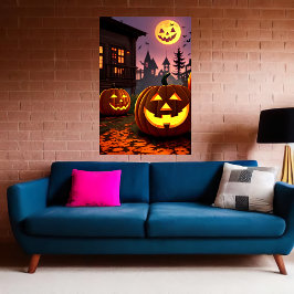 Stadt, Kürbis und Kürbismond | AI Art Poster