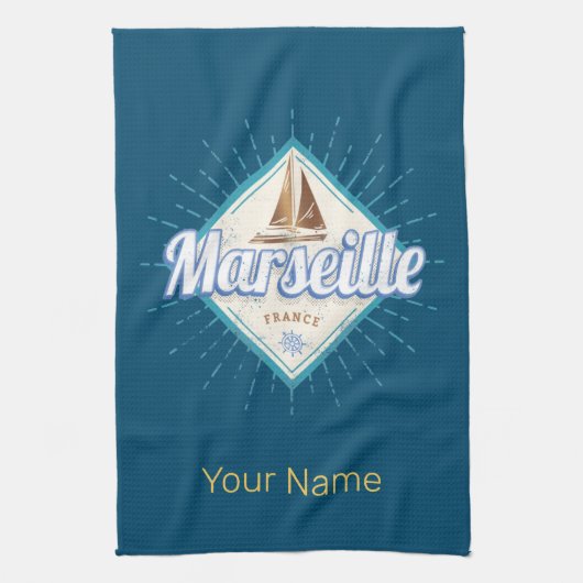 Stadt Marseille Frankreich Retroschiff Vintag Geschirrtuch (Vertikal)