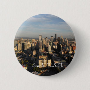 Stadt Seattle. Ansicht vom Stadtturm. Landschaft Button