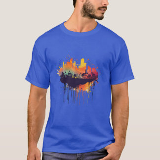 Stadt-Silhouette bei Sonnenuntergang lustig T-Shirt