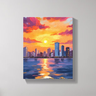 Stadt-Silhouette Sonnenuntergang Aquarell Leinwanddruck