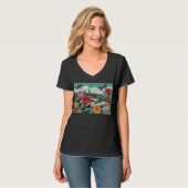 Stadt-Skyline-Patchwork mit Rosen und Libellen T-Shirt (Vorderseite Vollansicht)