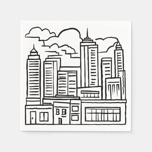 Stadt-Skyline Schwarz-Weiß-Zeichnung Serviette (Vorderseite)