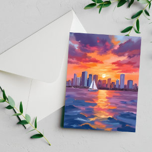 Stadt-Skyline-Sonnenuntergang-Aquarell-Malerei-Kar