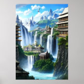 Stadt und großer Wasserfall | AI Art Poster (Vorne)