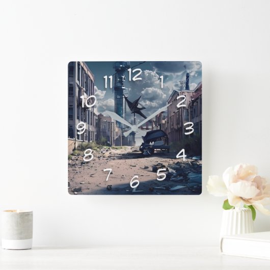 Stadt verlassen | Post Apokalypse Dystopian World Quadratische Wanduhr (Zuhause)