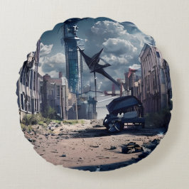 Stadt verlassen | Post Apokalypse Dystopian World Rundes Kissen