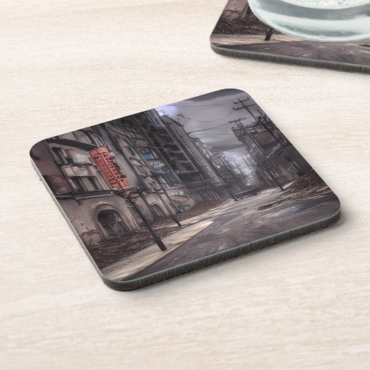 Stadt verlassen | Postapokalyptische dystopische W Getränkeuntersetzer (Linke Seite)