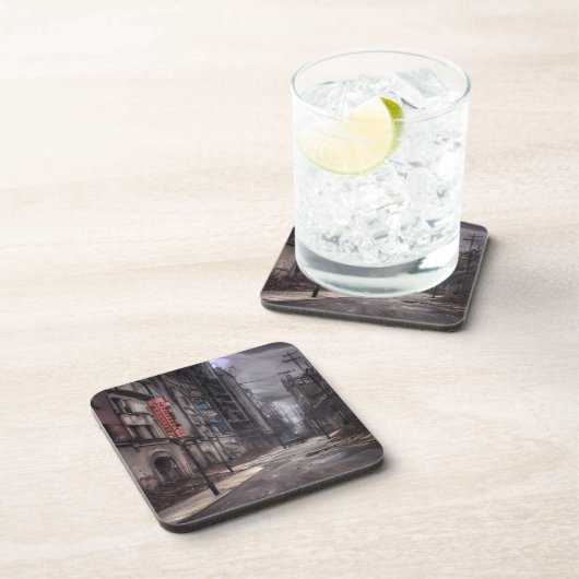 Stadt verlassen | Postapokalyptische dystopische W Getränkeuntersetzer (Rechte Seite)