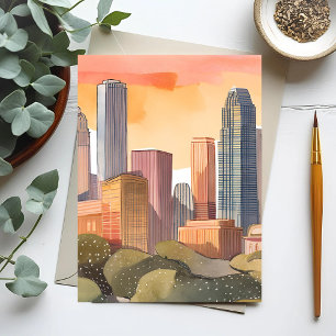 Stadtansicht bei Sonnenuntergang   Aquarell Stadtp Postkarte