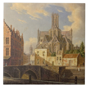 Stadtansicht mit Zahl Fischen in einem Kanal Fliese