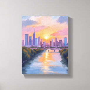 Stadtansicht Sonnenuntergang Aquarellmalerei Leinwanddruck