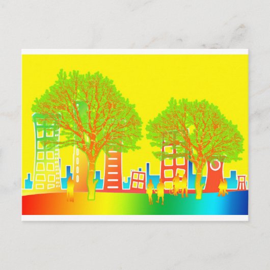 Stadtbewohner ragen farbenfroh über das Schicksal Postkarte (Vorderseite)