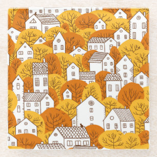 Stadtbild Herbst, Baumhäuser Muster. Glasuntersetzer
