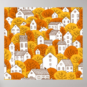 Stadtbild Herbst, Baumhäuser Muster. Poster