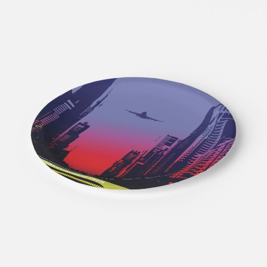 Stadtbild in der Abenddämmerung Pappteller (Schrägansicht)