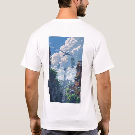 Stadtbild mit Single-Flugzeug - Urban Wanderlus T-Shirt (Rückseite)