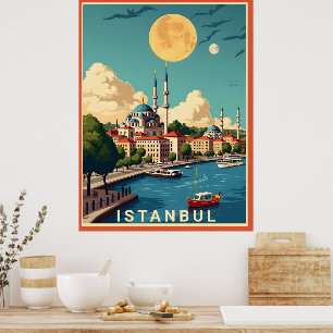 Stadtbild von Istanbul mit Vollmond Poster