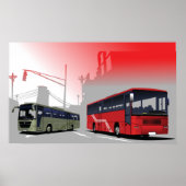 Stadtbusse Rote grüne Busse in der Stadtstraße Poster (Vorne)