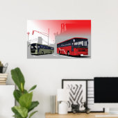 Stadtbusse Rote grüne Busse in der Stadtstraße Poster (Heimbüro)