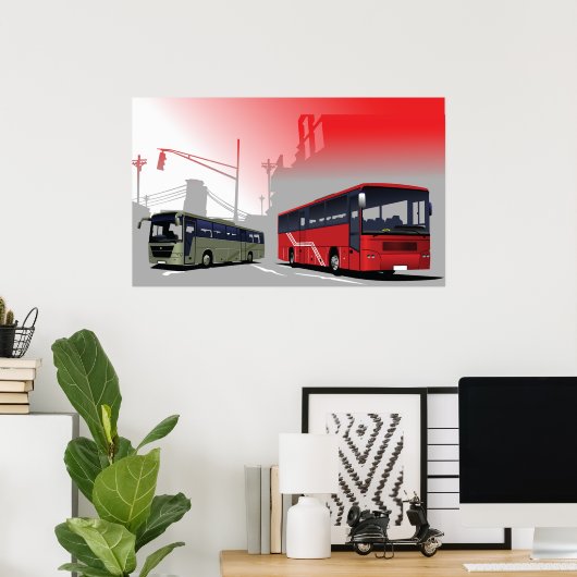 Stadtbusse Rote grüne Busse in der Stadtstraße Poster (Heimbüro)