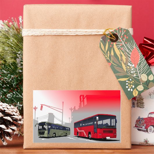 Stadtbusse Rote grüne Busse in der Stadtstraße Rechteckiger Aufkleber