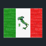 Städte, Karte und Flagge Italiens<br><div class="desc">Die Karte Italiens und die Namen seiner Großstädte schmücken die italienische Flagge.</div>