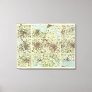 Städte von England u. von Schottland auf einer Leinwanddruck