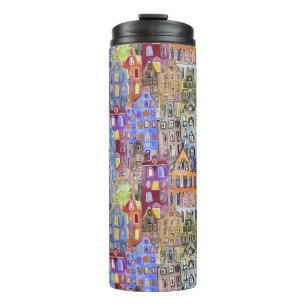 Stadthäuser, nahtlos städtisches Muster. Thermosbecher