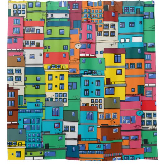 Städtische brasilianische Favela: farbenfroher Hin Duschvorhang (Vorderseite)