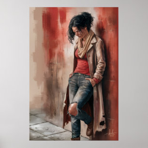 Städtische Einsamkeit: Figur vor der roten Wand Poster