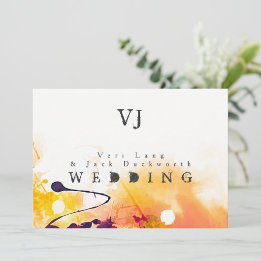 Städtische Lila Orangefarbene Hochzeitsfeiern Einladung (Stehend Vorderseite)