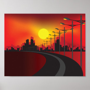 Städtische Sonnenuntergangs-Hochstraße-Skyline Poster