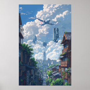 Städtisches Landschaftspaket mit Solitarienflugzeu Poster