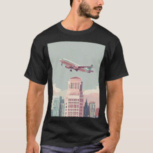 Städtisches Skyline-Flugzeug-Landung Grafik-T-Shir T-Shirt