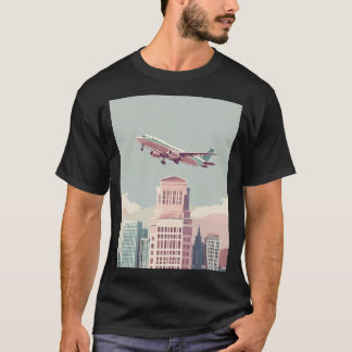 Städtisches Skyline-Flugzeug-Landung Grafik-T-Shir T-Shirt