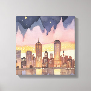 Stadtlandschaft bei Sonnenuntergang   Aquarellmale Leinwanddruck