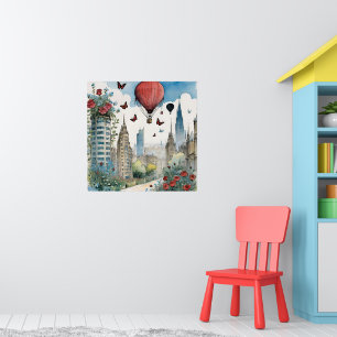 Stadtlandschaft mit Rose Heißluftballon & Schmette Poster