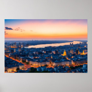 Stadtpanorama bei Sonnenuntergang Poster