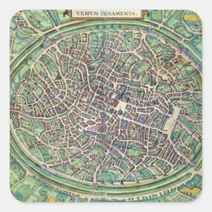 Stadtplan von Brügge, von 'Civitates Orbis Terrar Quadratischer Aufkleber