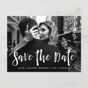 Stadtstil Weiße Schrift und Foto Save the Date Einladungspostkarte