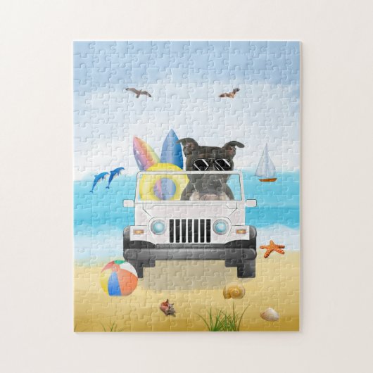Staffordshire Bull Terrier Dog Driving on Beach Puzzle (Vertikal)
