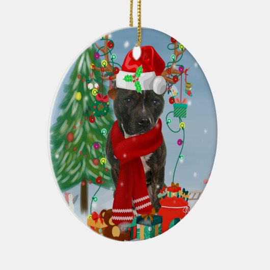 Staffordshire Bull Terrier Dog im Schnee Weihnacht Keramik Ornament (Rechts)