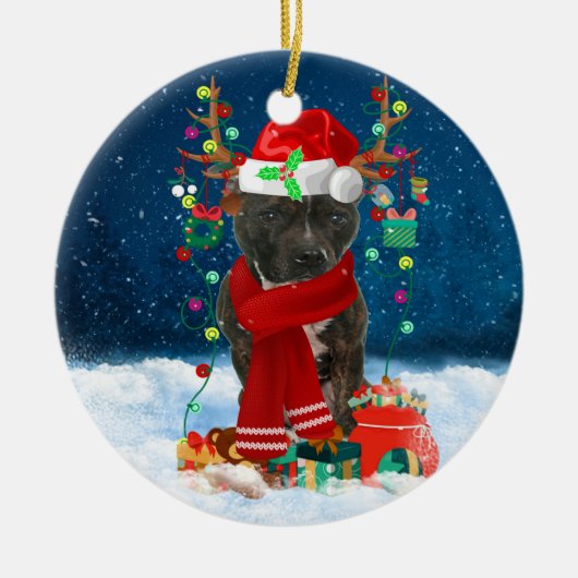 Staffordshire Bull Terrier in Snow Keramik Ornament (Vorne)