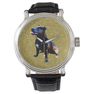 Staffordshire Bull Terrier on Gold, Mens Watch Armbanduhr